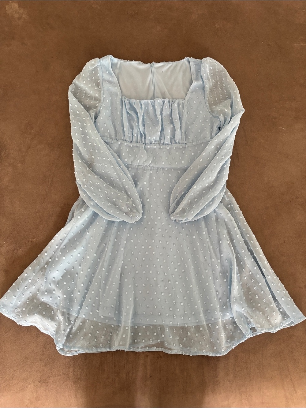 Light Blue Swiss Dot Long Sleeve Mini Dress